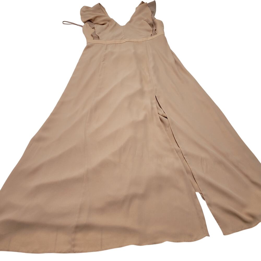 Fame and Partners nude beige maxi dress gown ruffle slit glam